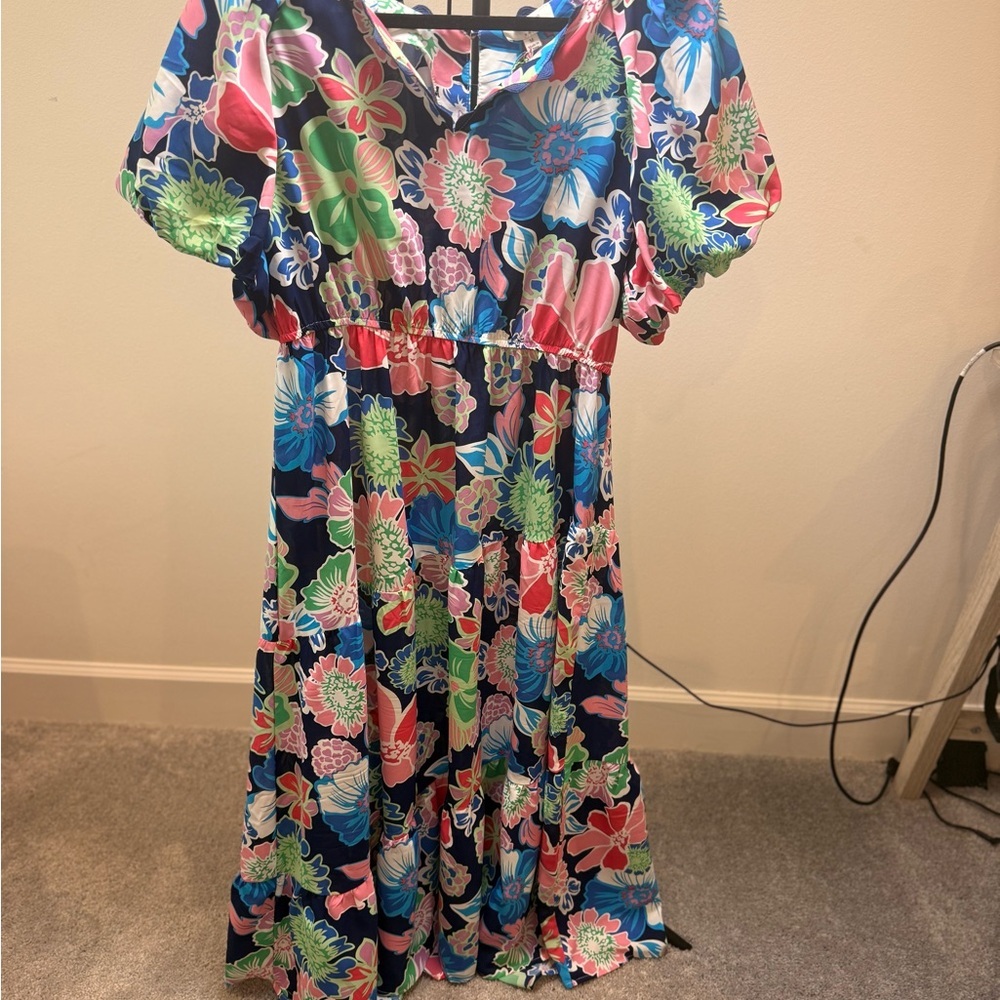 Umgee NWT Blue Pink Puff Sleeve V-Neck Maxi Sundress Size M Resort